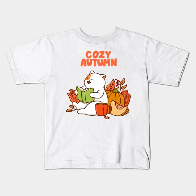Cat and Cozy Autumn Kids T-Shirt by Kimprut
